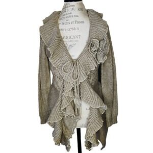 Verty Ruffle Rosette Cardigan Womens OS‎ Taupe Wool Blend Shabby Chic Romantic